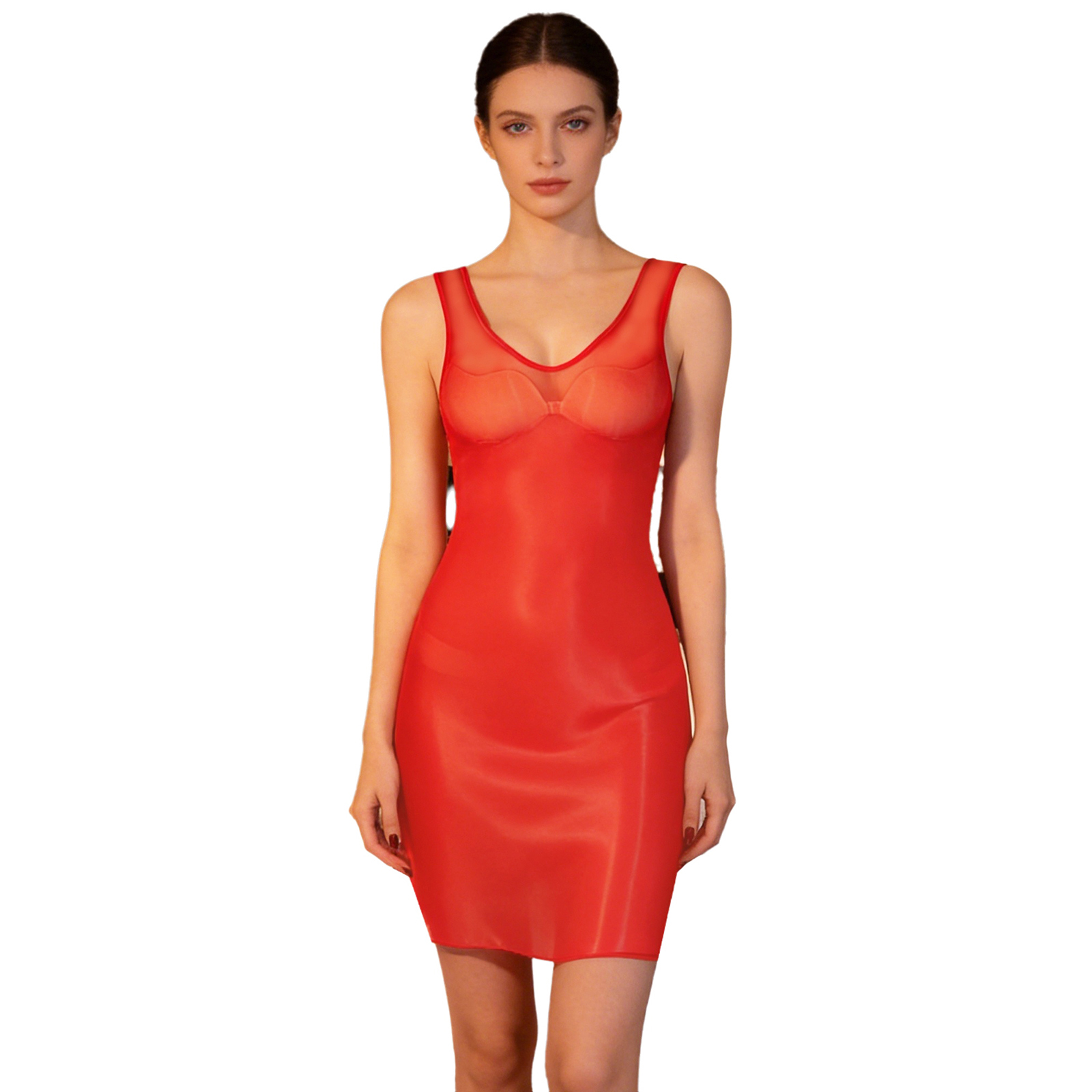 Babydoll Chemise Night - Abito aderente trasparente lucido da donna,